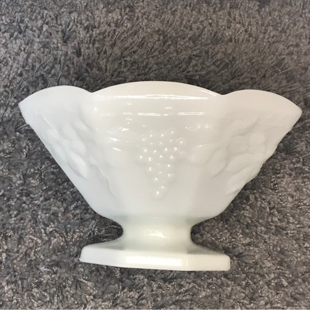 Vintage Anchor Hocking Milk Glass Footed‎ Fruit Bowl - Grape Vine Design - 9”